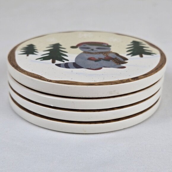 Set of 4 Winter Critter Stoneware Beverage Coasters Cork Backing Round Glazed - Picture 7 of 8